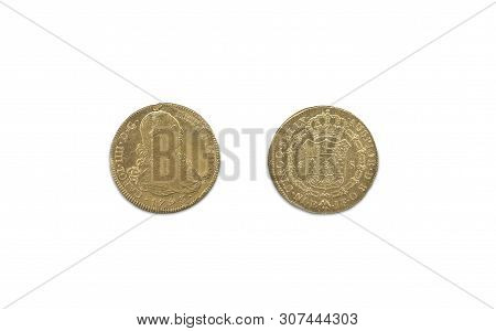 Cartagena, Spain - September 14th, 2018: Gold Spanish Pieces Of Eight Or Charles Iii Escudos, Minted