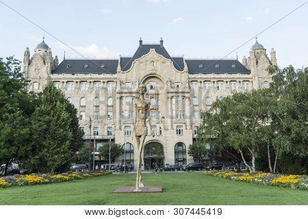 Budapest, Hungary, July 2, 2018.  View Of The Gardens In Front Of The Facade Of The Gresham Palace