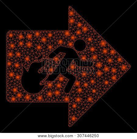Flare Mesh Fire Exit With Glitter Effect. Abstract Illuminated Model Of Fire Exit Icon. Shiny Wire F