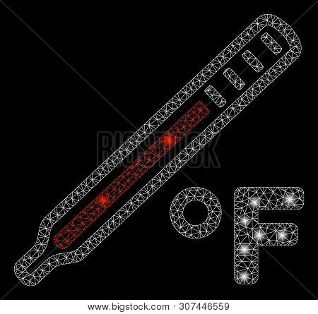 Glossy Mesh Fahrenheit Medical Thermometer With Sparkle Effect. Abstract Illuminated Model Of Fahren