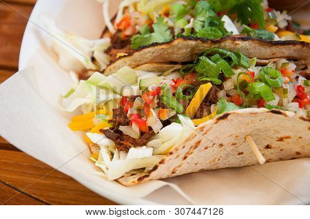 Food Soft Flatbread Beef Vegetable Fajita Type Meal.  Delicious And Nutritious Healthy Lunch Or Dinn