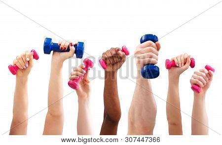 Man And Woman's Hand Holding Dumbbells