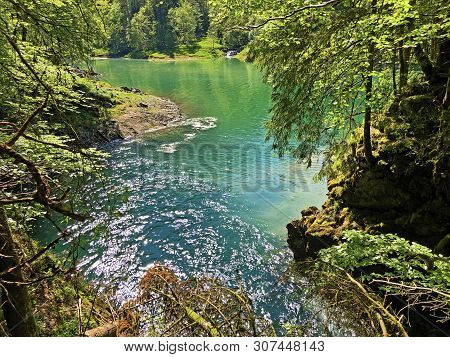 The Cave And The Source Hundsloch By The Alpine Lake Wagitalersee Or Waegitalersee, Innerthal - Cant