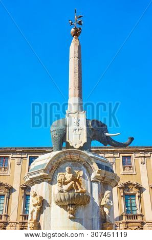 Black elpehant with obelisk in Piazza del Duomo in Catania - symbol of the city of Catania, Italy. Created by the architect Giovanni Battista Vaccarini around the 1736