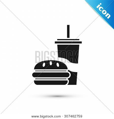 Black Paper Glass With Drinking Straw And Burger Icon Isolated On White Background. Soda Aqua Drink 