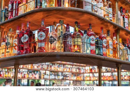 Paris, France - April 15, 2019 : Large Collection Of Alcohol Bottles On Shelves In La Felicita Bar-r