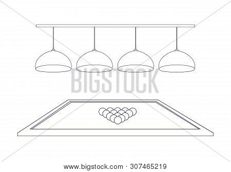 Billiard Table With 4 Illuminating Lamps And Triangle Balls In The Style Of Thin Line Outline. Four 