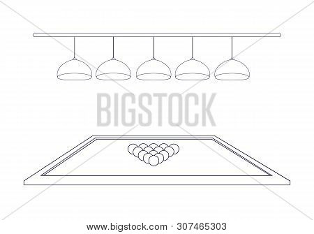 Billiard Table With 5 Illuminating Lamps And Triangle Balls In The Style Of Thin Line Outline. Five 