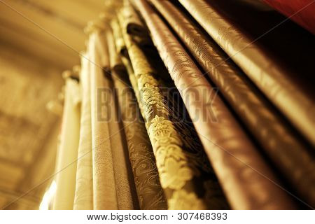 Sale - Colorful Fabrics In The Store. Close Up