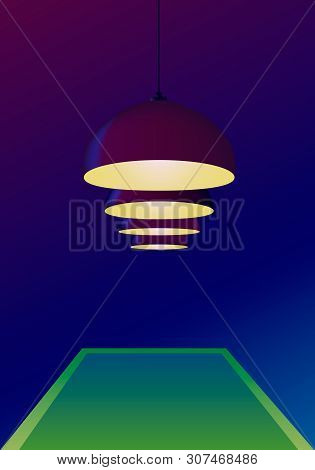 Ceiling Bulbs Hang And Shine Yellow Light Over A Pool Green Table In Vector. Dark Blue Background. P