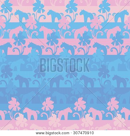 A Seamless Vector Striped Pattern With Pink And Blue Unicorns And Flowers. Surface Print Design. Gre