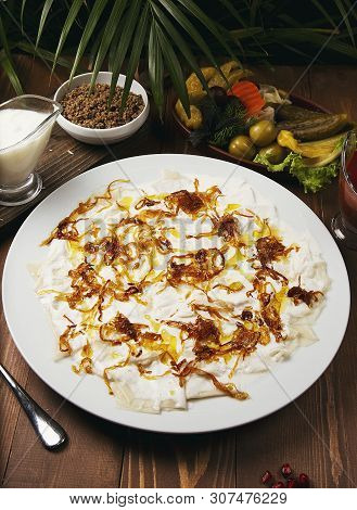 Azerbaijani Guru Khingal - Caucasian Pasta With Meat And Fried Onion - Image.