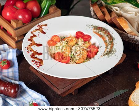 Healthy Grilled Crevettes Caesar Salad With Cheese, Cherry Tomatoes And Lettuce - Image