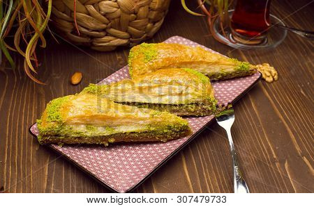 Walnut, Pistachio Turkish Style Antep Baklava Presentation And Service - Image
