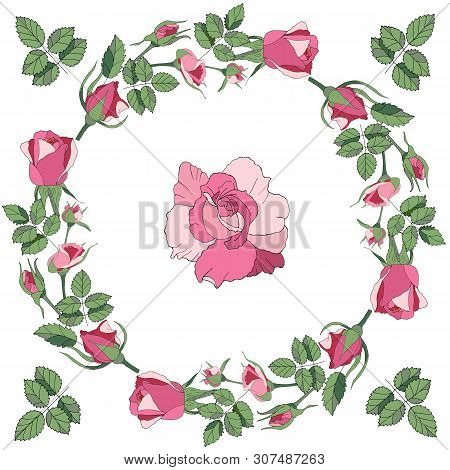 Vector  Draw Celebrate Holiday Wreath. Round Spring Flower Frame. Circle Beautiful Flowers Petals De