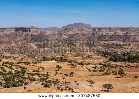 Landscape In Gheralta In Tigray, Northern Ethiopia, Africa. Trip From Axum To Gheralta