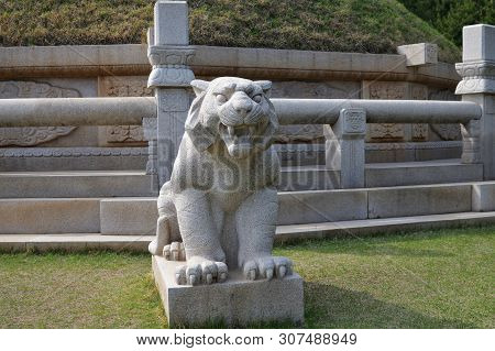 Kaesong, North Korea - May 5, 2019: Granite Lion Sculpture Near Tomb Of King Wanggon The Founder Of 