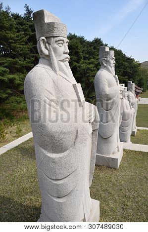 Kaesong, North Korea - May 5, 2019: Granite Guard Sculpture Near Tomb Of King Wanggon The Founder Of