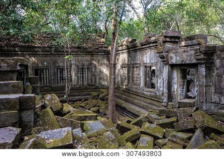 Ruins Of Ancient Beng Mealea Temple Over Jungle, Cambodia. Beng Mealea Is A Temple In The Angkor Wat