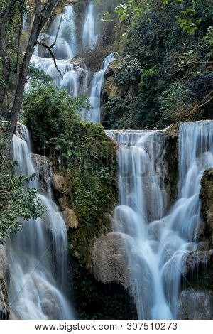 Tat Kuang Si Falls Near Luang Prabang, Laos - Exotic Travertine Turquoise Blue Cascading Waterfalls 
