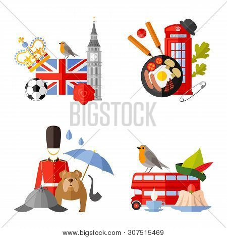 Pre-made Vector Templates On Travel In England. Composition With Famous English Characters.