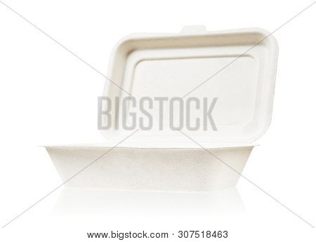 Bagasse Box For Food Isolated On White Background, Saved Clipping Path. It Is Made From Nature Go Gr