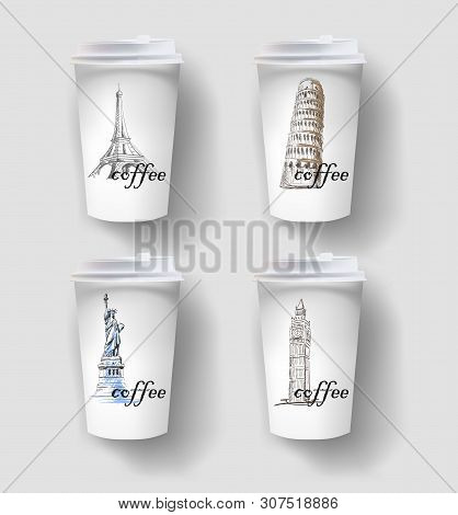 Elegant Paper Coffee Cup Design, Takeaway Cup Packaging Set With Labels.