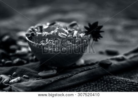 Famous Mango Preservation I.e. Murba Or Murabba In A Glass Bowl On Jute Bag's Surface Along With Dry