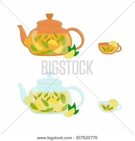 Vector Collection Of The Teapots And Cups. Isolated Set Of Teapots, Cups, Limons.