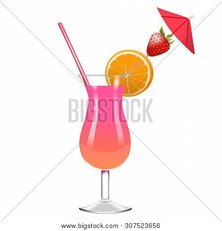 Strawberry And Orange Cocktail With Cocktail Umbrella Illustration Vector