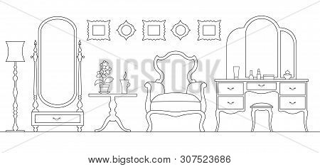 Interior Of The Womens Room With Furniture And Accessories. Interior In A Linear Style. Vector.