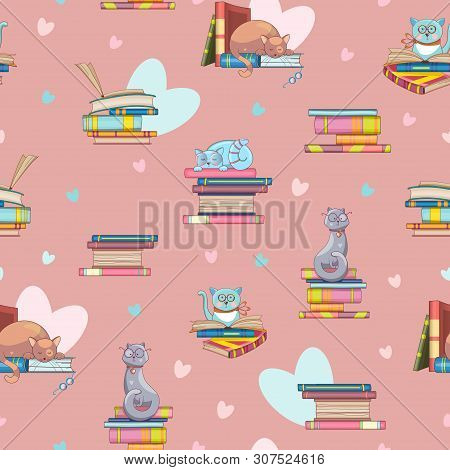 Seamless Pattern Of Books And Cute Clever Cats. Doodle Illustration. Cartoon Background. Vector