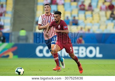 Rio De Janeiro, Brazil - June 16, 2019: Tarek Salman Of Qatar Kicks The Ball During The 2019 America