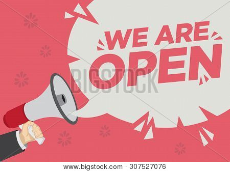 Opening Retail Sale Promotion Shoutout With A Megaphone Speech Bubble Against A Red Background. Conc