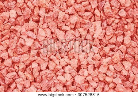 Closeup Of Small Little Coral Pink Red Broken Crushed Stones Rocks Lying On Ground. Natural Environm