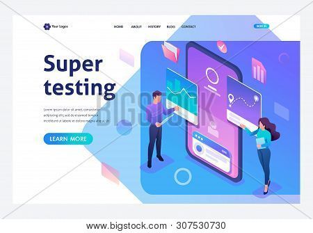 Isometric Young People Stand Near The Mobile Phone Screen, Testing The Program And Mobile Applicatio