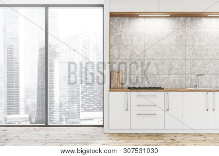 Panoramic Kitchen With White Countertops