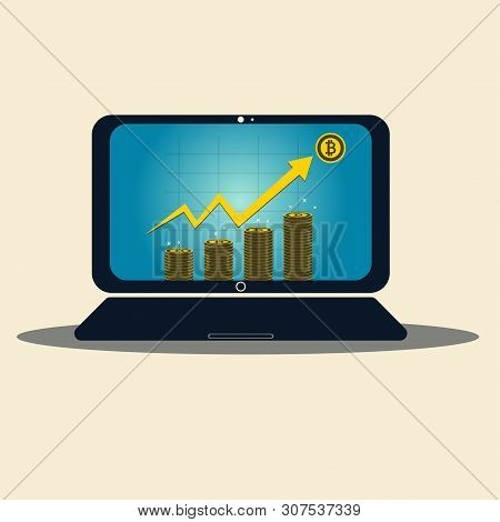 Business Laptop Concept Symbol On-screen. Bitcoin Gold Icon For Rowth Chart On Medal Bitcoin Backgro