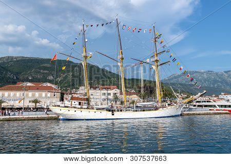 Tivat, Montenegro - 10. 6. 2019. Sailboat Jadran - A Landmark Near The Central Promenade