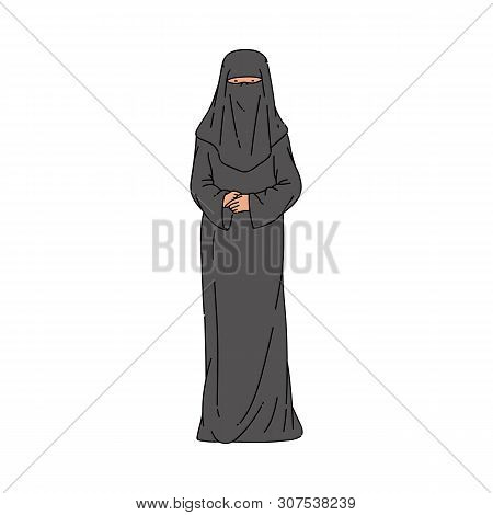 Muslim Woman In The Black Dress And Hijab Or Burqa Vector Illustration Isolated.