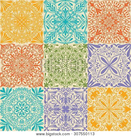 Vector Retro Symmetrical Tiles Seamless Pattern Background.