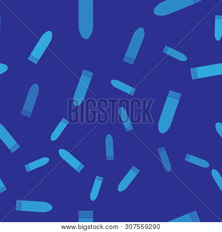 Blue Dildo Vibrator For Sex Games Icon Isolated Seamless Pattern On Blue Background. Sex Toy For Adu