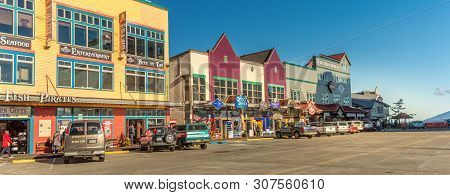 Sept. 17, 2018 - Ketchikan, Ak: Shops And Parked Vehicles On Spruce Mill Way In Warm Late Afternoon 