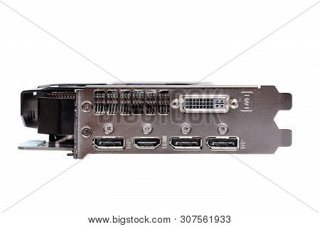Professional Gaming Graphic Card, Connectors Panel Front View, Isolated On White.