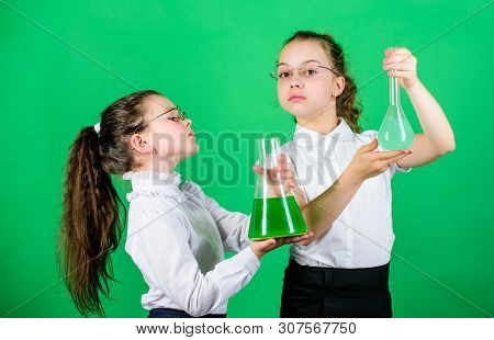 Children Study Chemistry Lab. Back To School. Biology Education. Little Smart Girls With Testing Fla