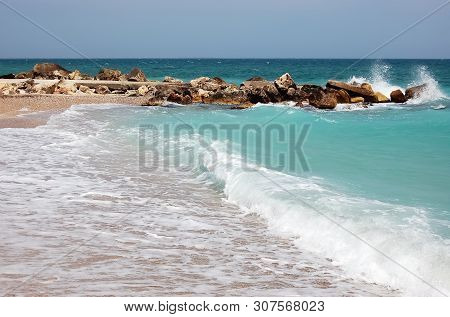 Picturesque Landscape With Waves And Turquoise Sea On The Beach Of The Romanian Resort Eforie Nord.