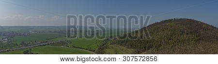 Landscape From Castle Gleichen In Germany With Blue Sky In Spring Fog Day