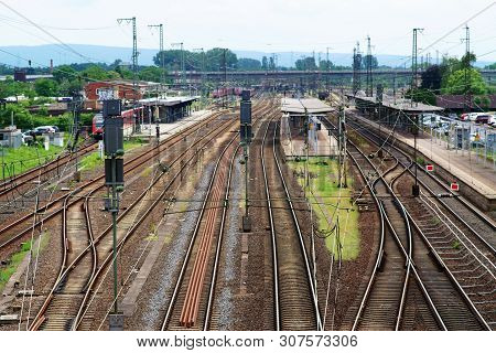Adjacent Tracks And Platforms Of The Station Hanau With Shelters.