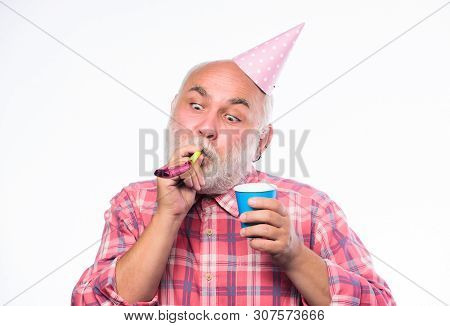 Birthday Concept. Ideas For Seniors Birthday Celebrations. Man Bearded Grandpa With Birthday Cap And