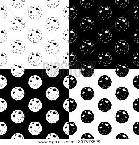 Cute Cartoon Moon Pattern Set With Cheerful Moon. Funny Vector Black And White Moon Pattern Set. Sea